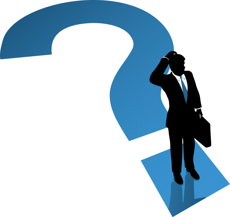 Silhouette of a man standing inside a large blue question mark, symbolizing uncertainty.