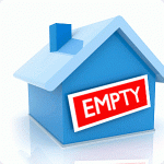 Blue house icon with a red sign reading “Empty,” symbolizing vacant property issues.