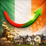 Upward trend arrow over Irish flag with houses and euro symbols, representing housing tax changes