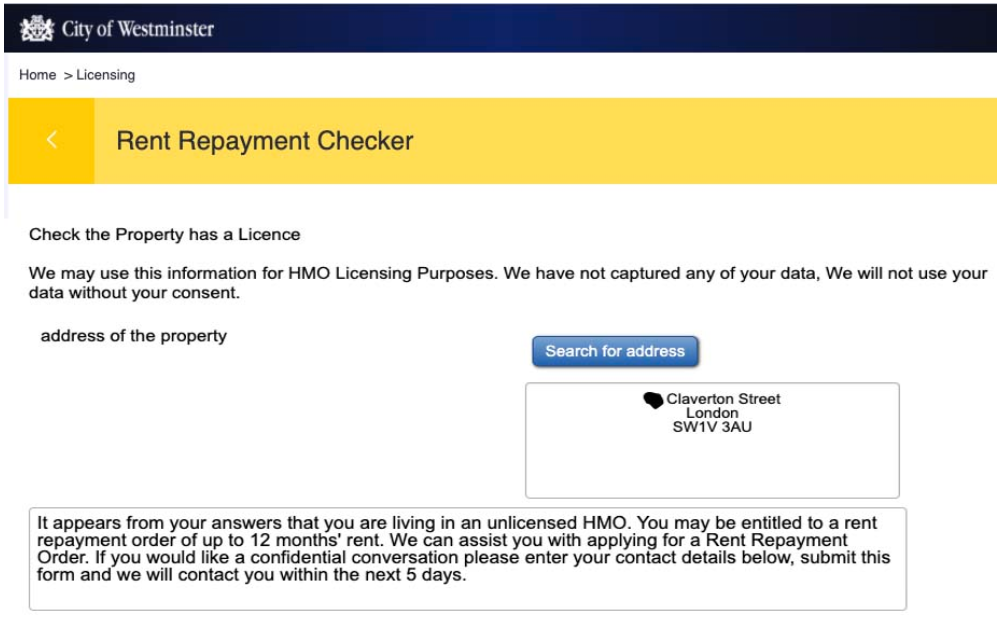 Westminster online tool encouraging HMO tenants to claim Rent Repayment Orders!