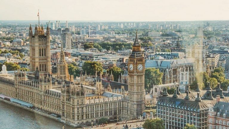 Aerial view of the UK Parliament and surrounding Westminster area supporting discussion on the Renters Rights Bill