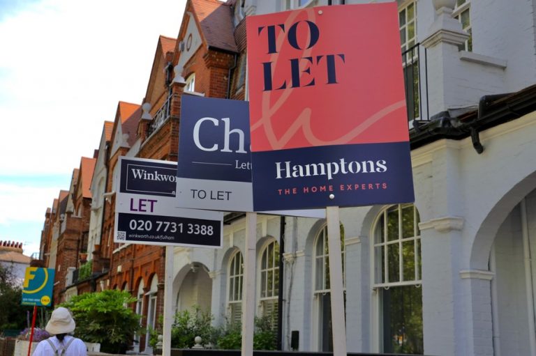 Row of “To Let” signs outside terraced houses in the UK, symbolising the rental housing market.
