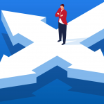 Landlord standing at a crossroads deciding between keeping or selling a rental property