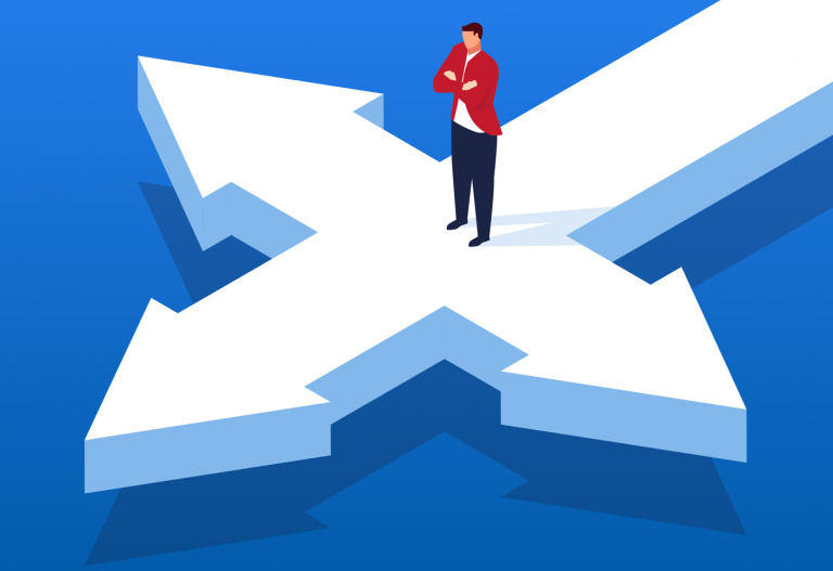 Landlord standing at a crossroads deciding between keeping or selling a rental property