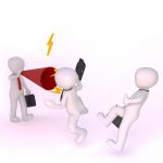 Business figures reacting to conflict as one shouts through a megaphone, symbolising dispute with mortgage lenders