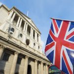 The Bank of England, London, and a Union jack flag