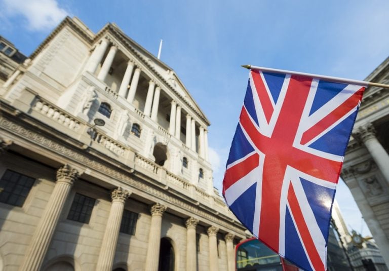 The Bank of England, London, and a Union jack flag