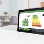 Smart home energy dashboard displaying EPC efficiency ratings for property upgrades