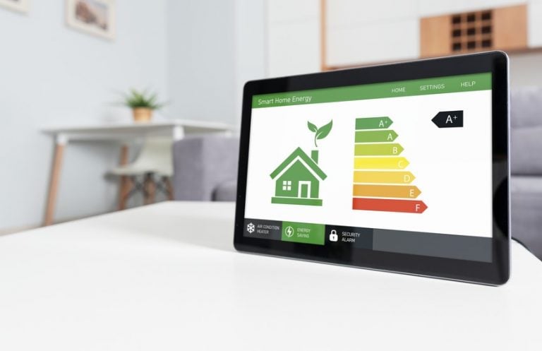 Smart home energy dashboard displaying EPC efficiency ratings for property upgrades