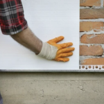 Worker placing styrofoam, polystyrene thermal insulation to brick wall, house renovation