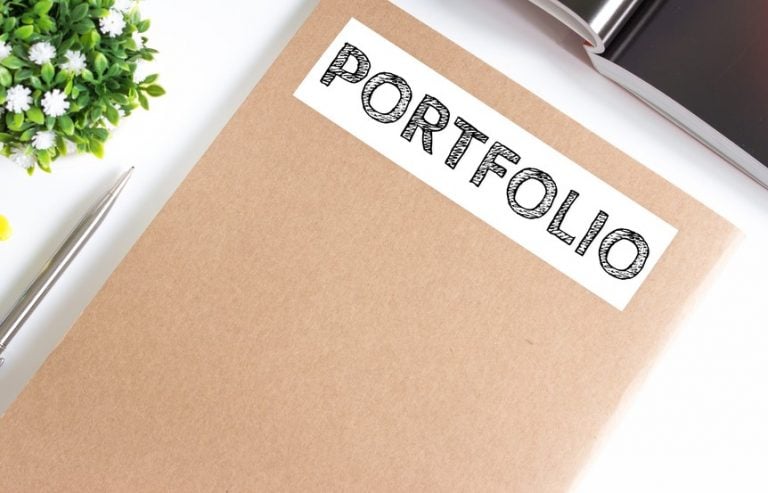 Brown folder labeled “Portfolio” beside a pen, notebook, and plant on a white desk.