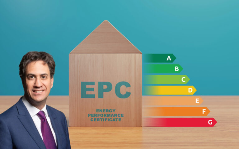 politician beside EPC rating graphic highlighting proposed energy-efficiency standards
