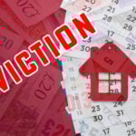 Eviction notice concept with house icon over money and calendar background.