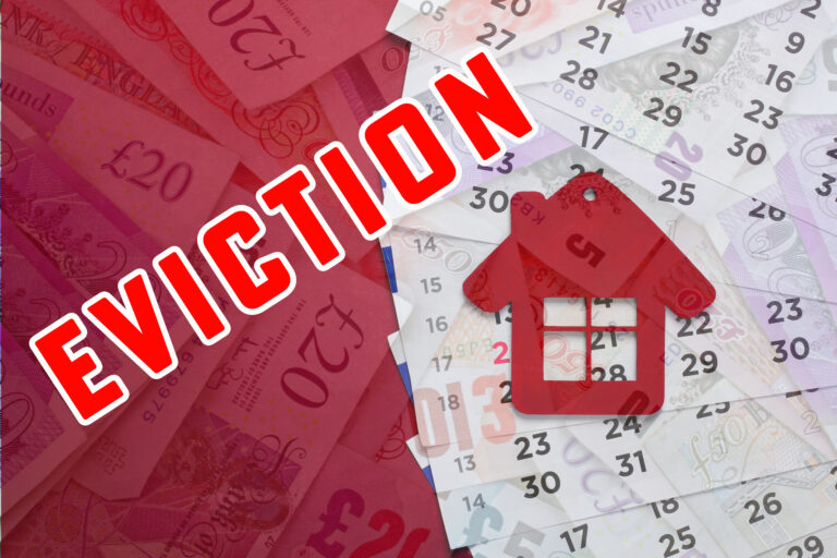 Eviction notice concept with house icon over money and calendar background.