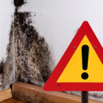 Damp and mould on interior wall with warning sign highlighting housing hazard