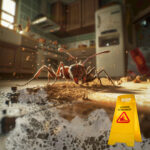 Ant crawling through kitchen debris highlighting infestation and hygiene issues in rental properties