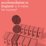 Illustration of temporary accommodation costs with coins above rows of houses in context of England’s housing and eviction issues