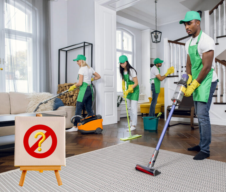 Cleaning team performing housekeeping tasks in a furnished home during tenant changeover