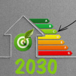 Energy efficiency rating chart shaped like a house with 2030 target for EPC C goal.