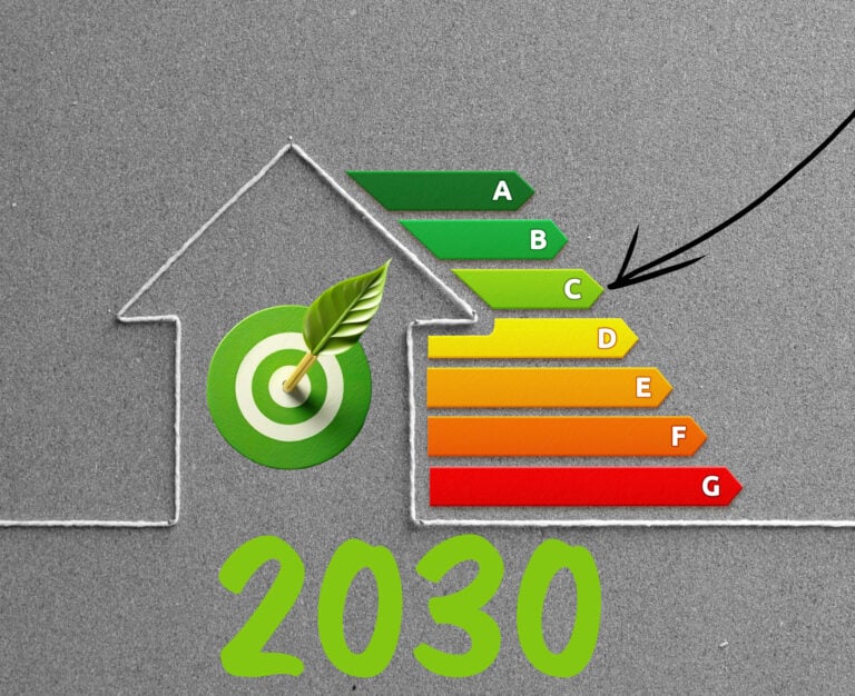 Energy efficiency rating chart shaped like a house with 2030 target for EPC C goal.