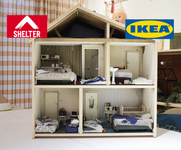 Dollhouse exhibit illustrating cramped and unsafe conditions faced by children in temporary accommodation