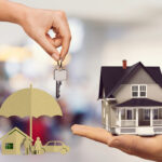 Keys being handed over beside a model house and insurance symbols representing tenant rehousing responsibilities