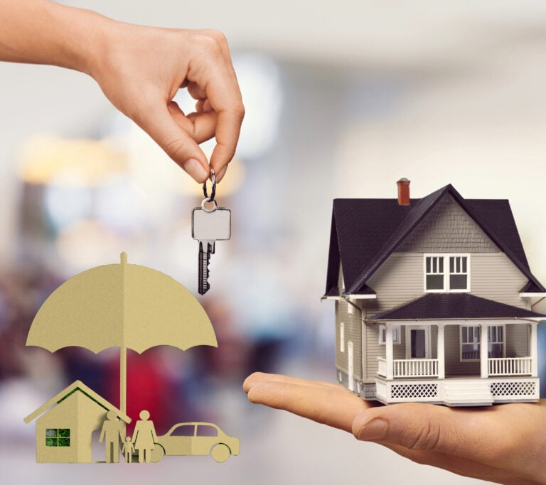 Keys being handed over beside a model house and insurance symbols representing tenant rehousing responsibilities
