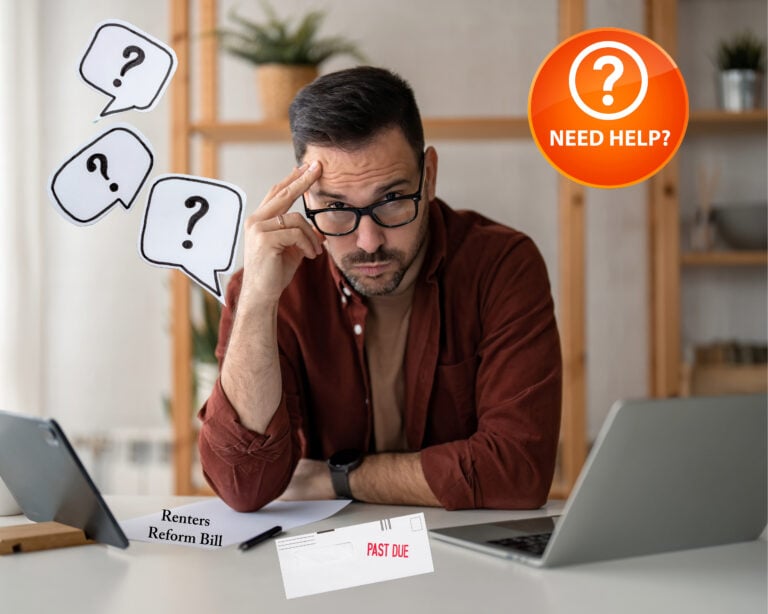 Worried landlord reviewing Renters’ Rights Bill and overdue rent notices