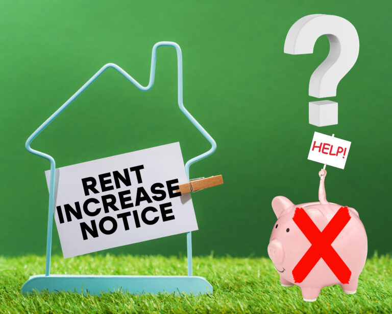 Rent increase notice with piggy bank showing financial strain