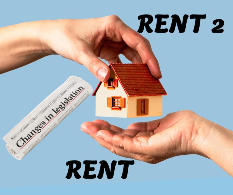 Hands exchanging a small house with a newspaper headline about legislative changes in the rental sector