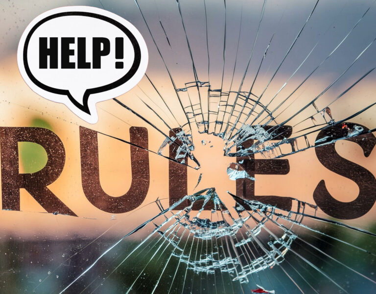 Shattered glass with the word “RULES” and a speech bubble saying “HELP!”