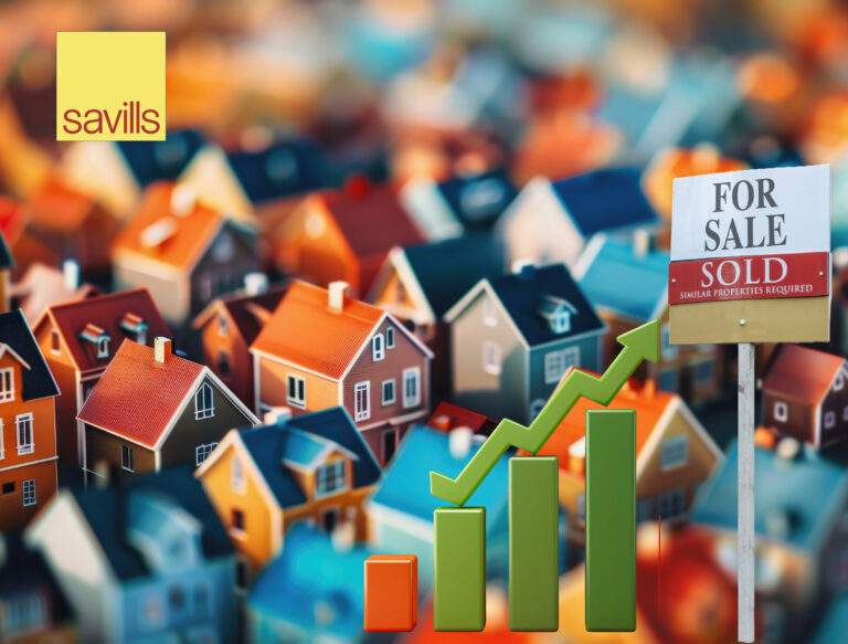 Rising housing market illustrated with sold sign, Savills branding and upward trend graphic in a neighbourhood scene