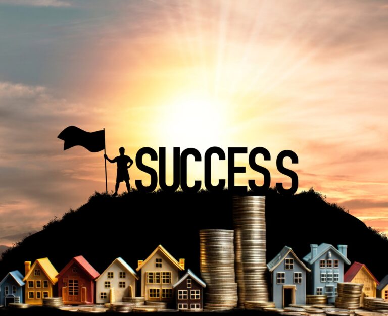 silhouette with flag atop hill symbolising property investment success above houses and stacked coins
