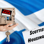 Model house with a “For Sale” sign and keys against the Scottish flag, illustrating landlord sell-offs under new housing legislation
