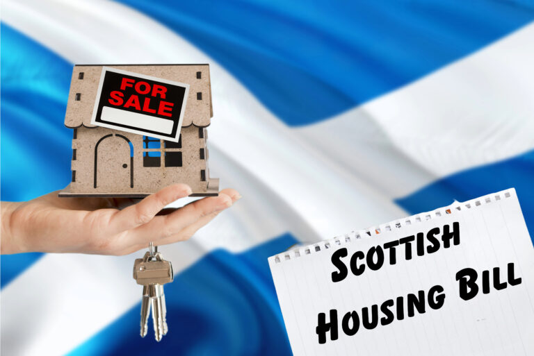 Model house with a “For Sale” sign and keys against the Scottish flag, illustrating landlord sell-offs under new housing legislation