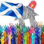 Scottish flag above colourful raised hands and a house symbol highlighting Scotland’s housing emergency