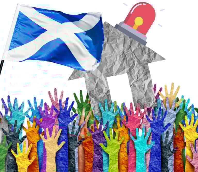 Scottish flag above colourful raised hands and a house symbol highlighting Scotland’s housing emergency
