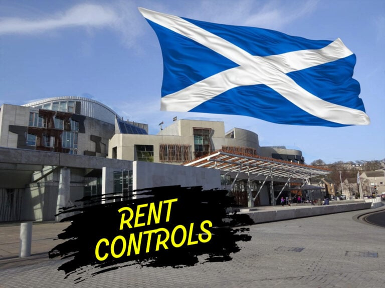 Scottish Parliament with flag and rent controls text highlighting impact on landlords