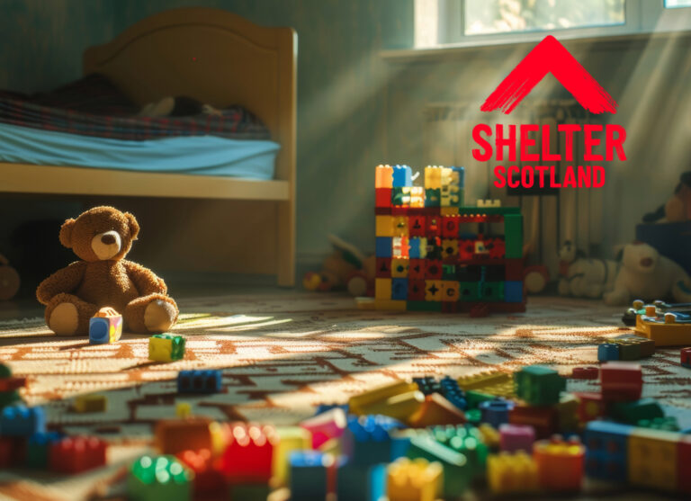 Teddy bear and building blocks in a child’s bedroom highlighting Scotland’s housing and child poverty crisis