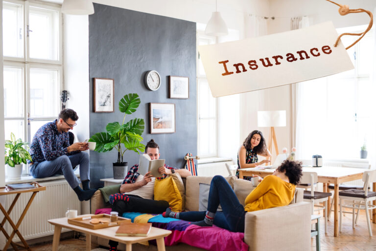Students relaxing and studying in a shared rental home, highlighting concerns around rent insurance and rising student rents.