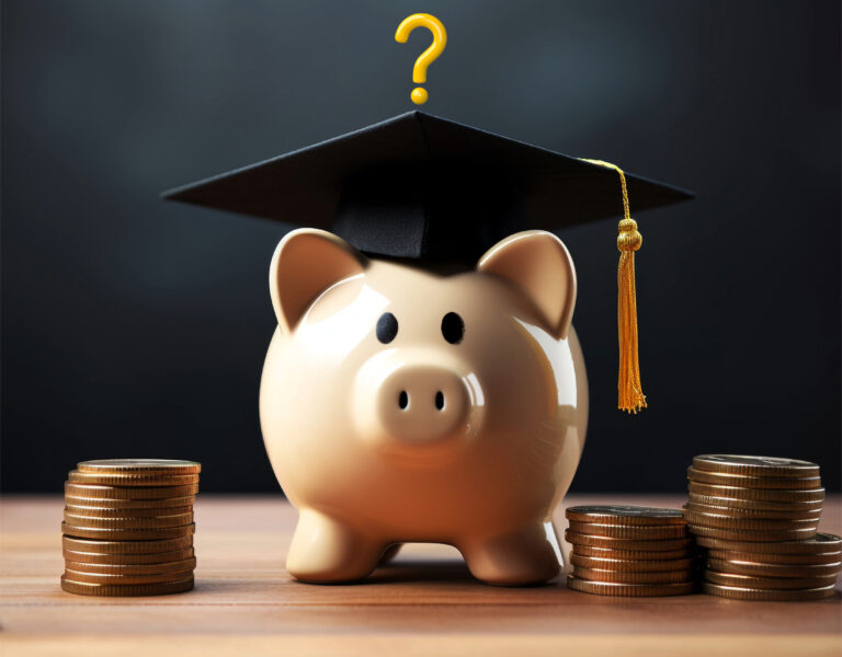 Piggy bank wearing graduation cap surrounded by coin stacks, symbolizing student housing and finance.