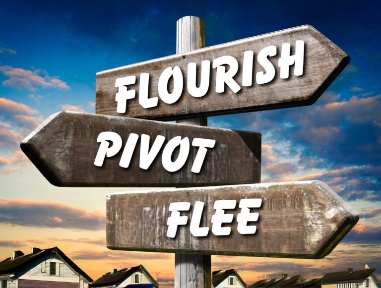 Wooden signpost showing three directions labelled Flourish, Pivot, and Flee against a suburban skyline