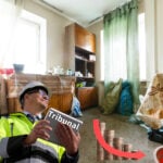 Landlord wearing a hard hat reviewing a rent tribunal decision inside a poorly maintained rental property