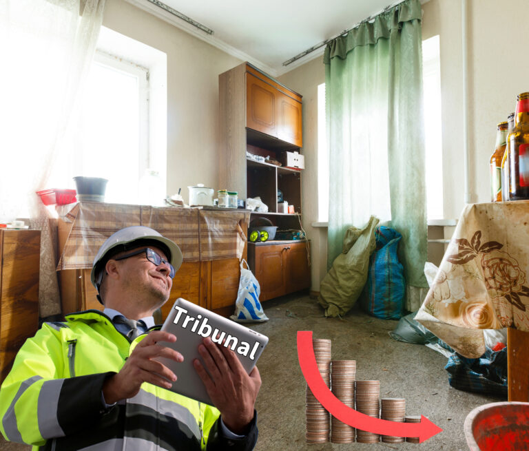 Landlord wearing a hard hat reviewing a rent tribunal decision inside a poorly maintained rental property