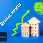 Graphic illustrating rising UK rental prices with upward arrow and housing icons