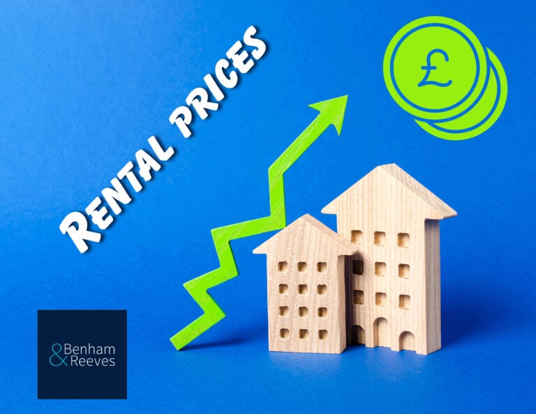 Graphic illustrating rising UK rental prices with upward arrow and housing icons