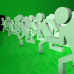 Line of stylised figures rushing toward an exit, symbolising landlords leaving the market