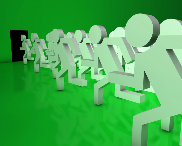 Line of stylised figures rushing toward an exit, symbolising landlords leaving the market