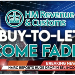 Graphic illustrating declining buy-to-let income with HMRC branding and concerned property investors