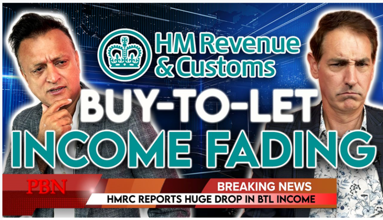 Graphic illustrating declining buy-to-let income with HMRC branding and concerned property investors